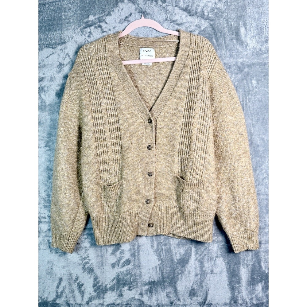 RVCA Chunky Knit Cardigan Sweater XL Wool Blend Neutral Grandpa Core Button